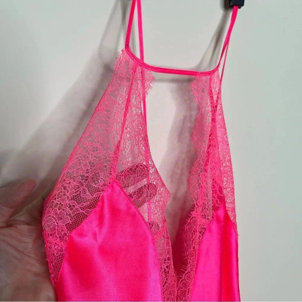 VICTORIA'S SECRET Satin Lace Slip Dress in Hot Pink